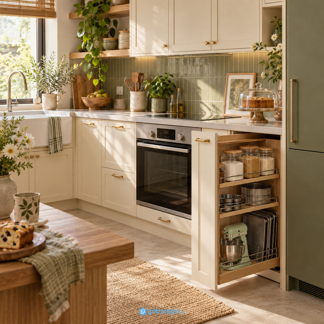 Vật liệu dễ lau và ray kéo êm giúp tủ đồ làm bánh bền thói quen