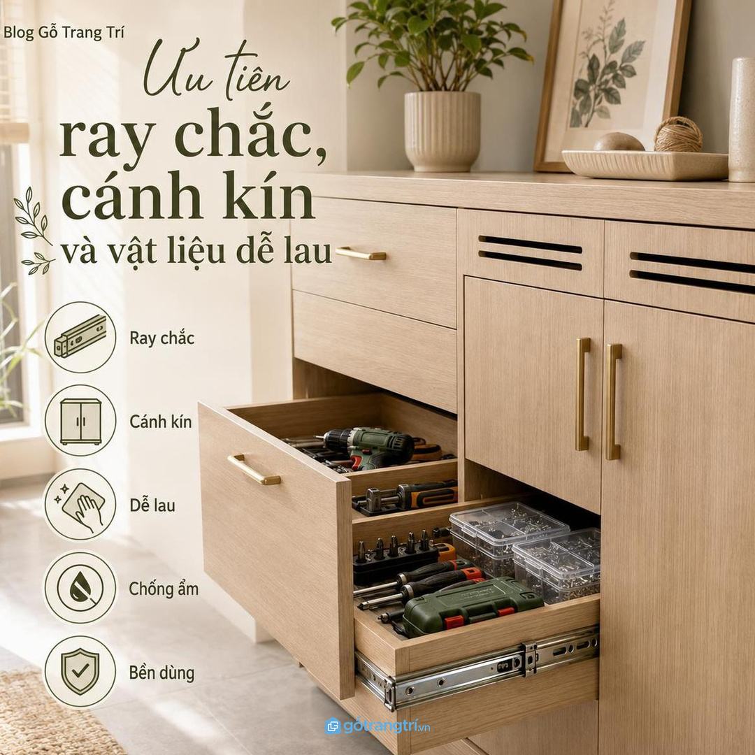 Ray chắc, cánh kín và vật liệu dễ lau giúp tủ bền hơn