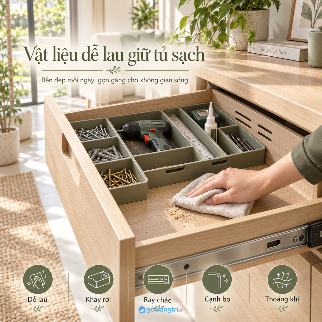 Vật liệu dễ lau giúp tủ đồ nghề sạch hơn sau mỗi lần khoan sửa