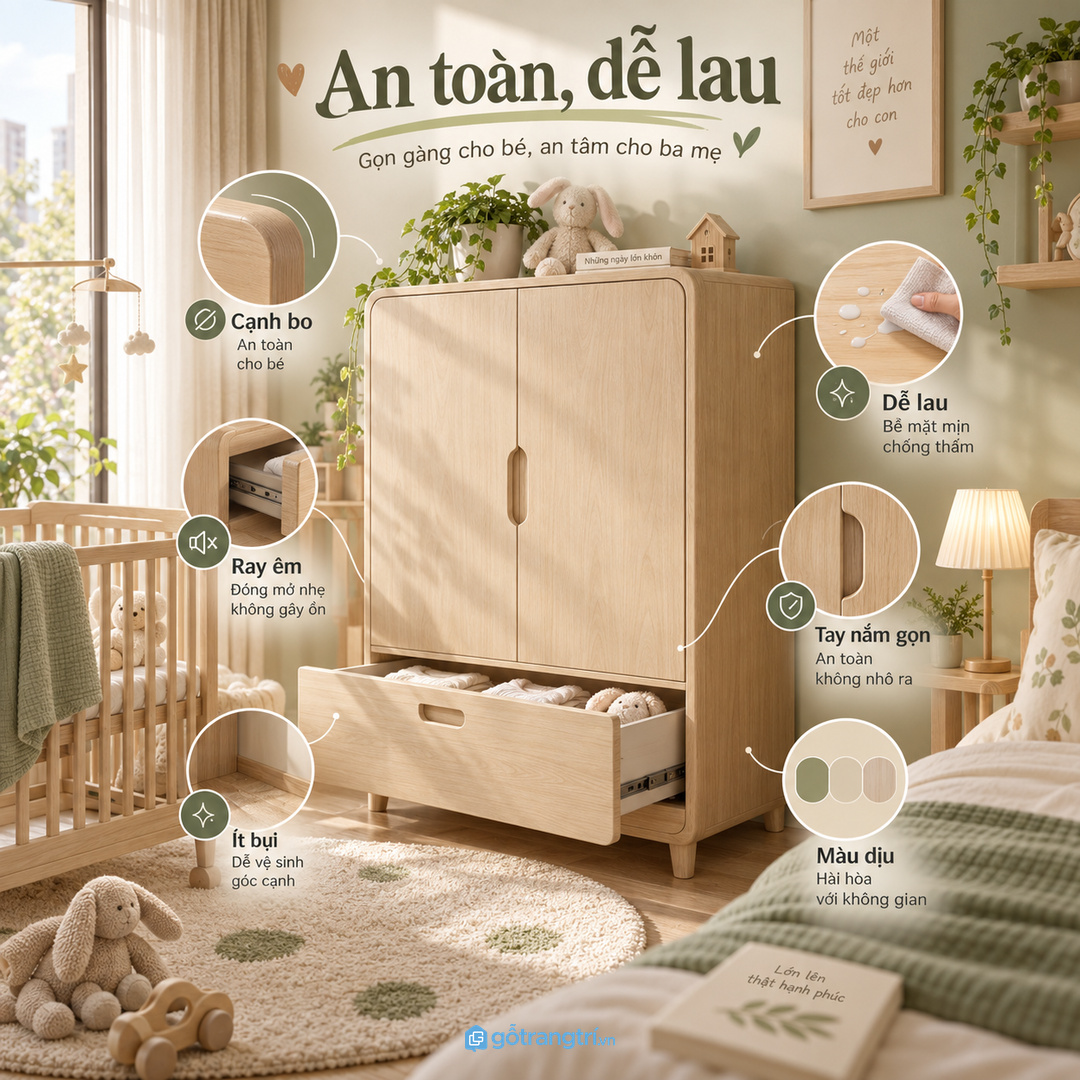Vật liệu dễ lau cạnh bo và ray êm giúp tủ an toàn hơn trong phòng có bé