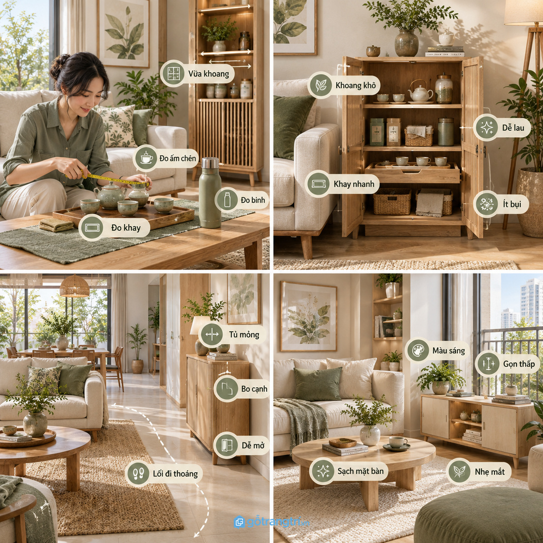 Vị trí tủ nên gần sofa nhưng không cản lối đi quanh bàn trà