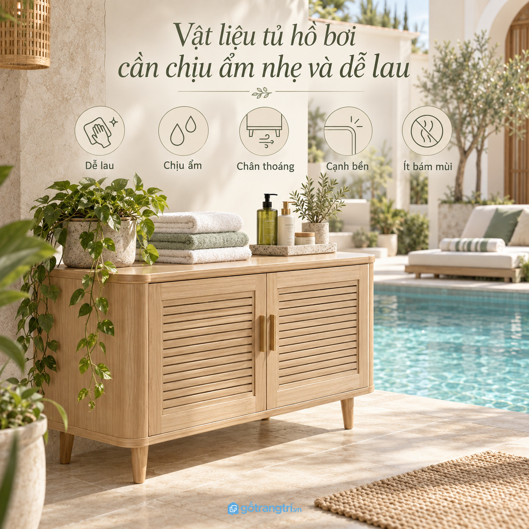 Vật liệu và cạnh tủ cần dễ lau vì khu sauna thường có hơi ẩm nhẹ
