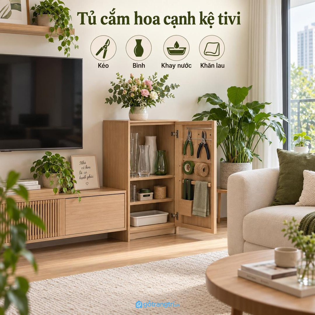 Tủ cắm hoa cạnh kệ tivi cần chia khoang rõ cho đồ khô và đồ ướt