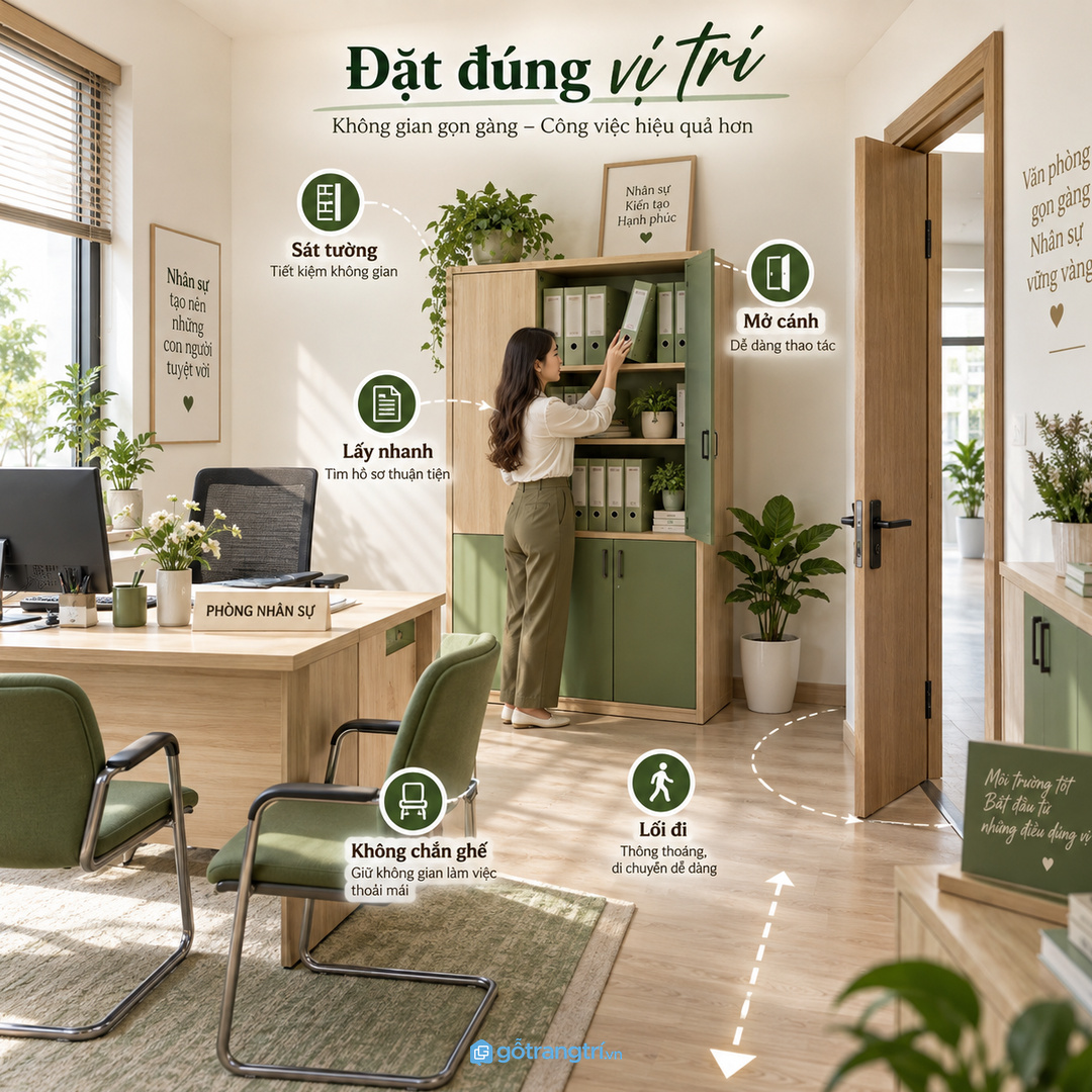 Vị trí tủ quyết định lối đi, vùng mở cánh và tốc độ lấy hồ sơ