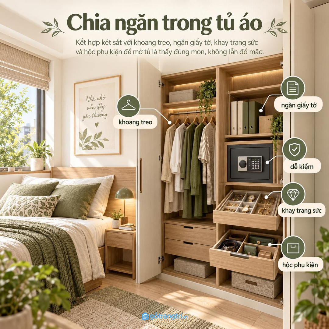 Chia ngăn trong tủ áo để đồ quý không lẫn đồ mặc