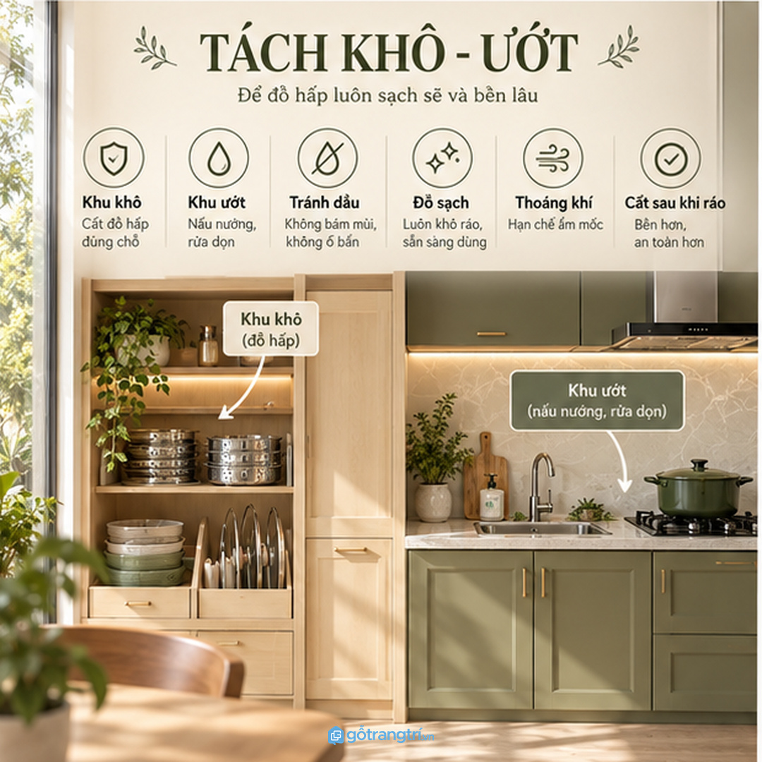 Vật liệu dễ lau và khay rời giúp khu đồ hấp sạch mùi hơn