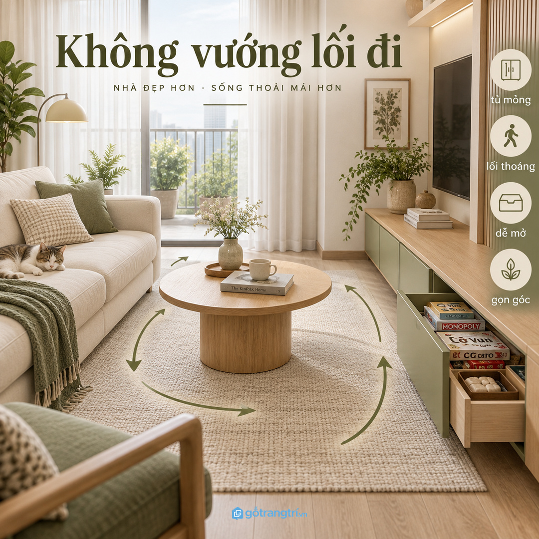 Phòng khách nhỏ cần tủ mỏng, mở hộc không vướng lối đi quanh bàn trà