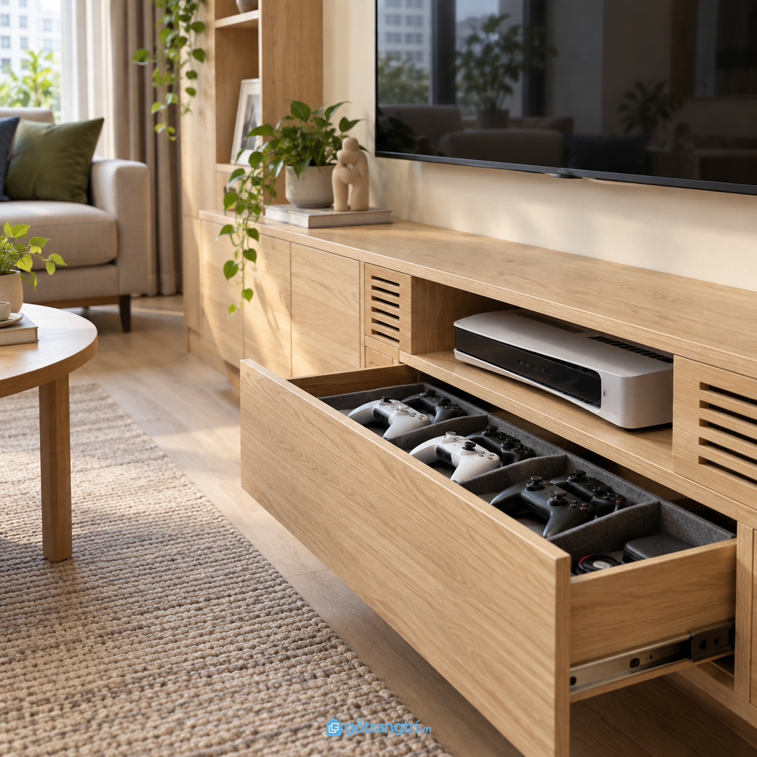 Vị trí tủ nên gần màn hình nhưng vẫn giữ lối đi quanh sofa