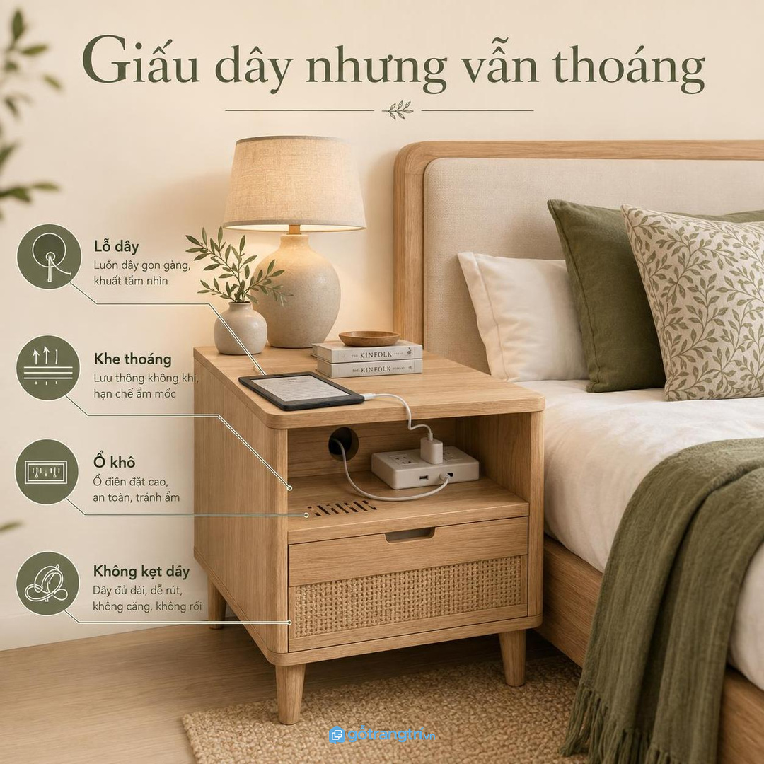 Giấu dây sạc nhưng vẫn giữ khe thoáng và điểm điện khô ráo