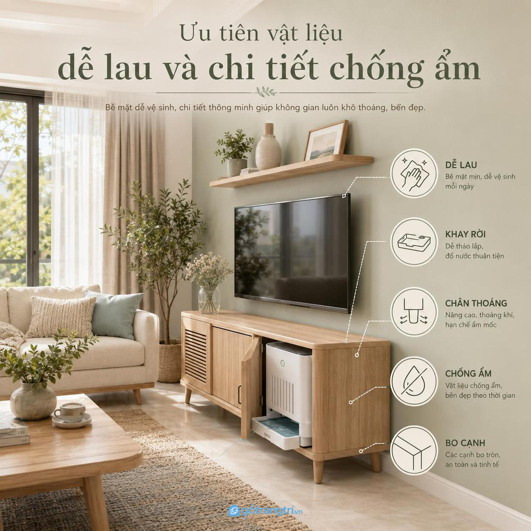 Vật liệu dễ lau và chi tiết chống ẩm giúp tủ bền hơn