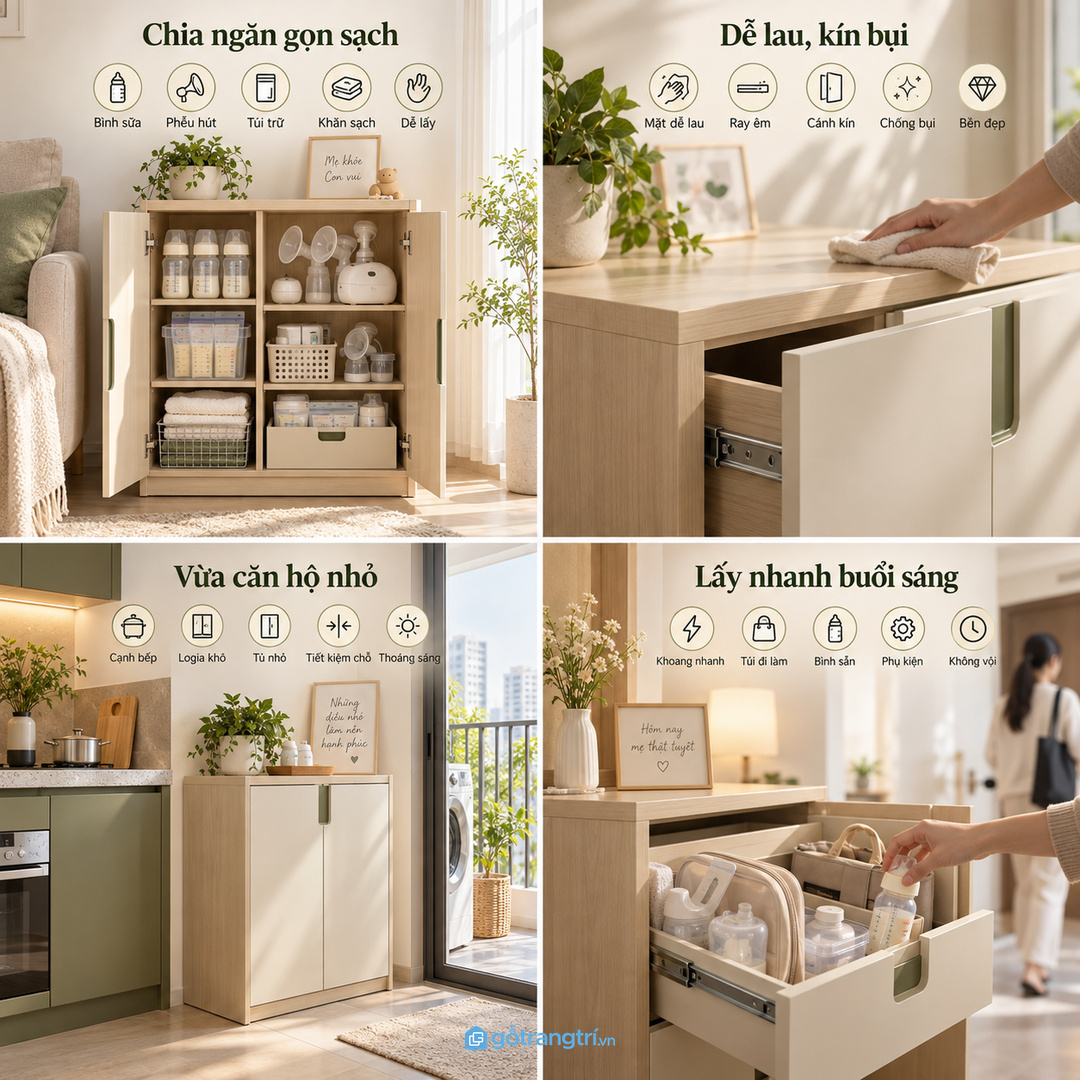 Vật liệu dễ lau, ray êm và cánh kín giúp dụng cụ ít bám bụi