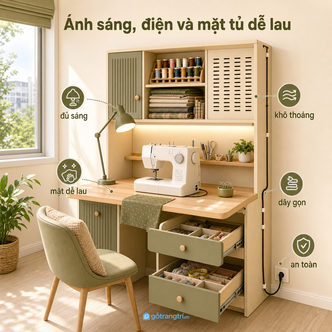 Ánh sáng đủ, dây gọn và mặt tủ dễ lau giúp góc may dùng bền hơn