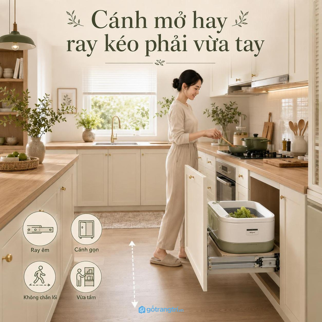 Cánh mở hoặc ray kéo phải vừa lối đi và thuận tay người nấu