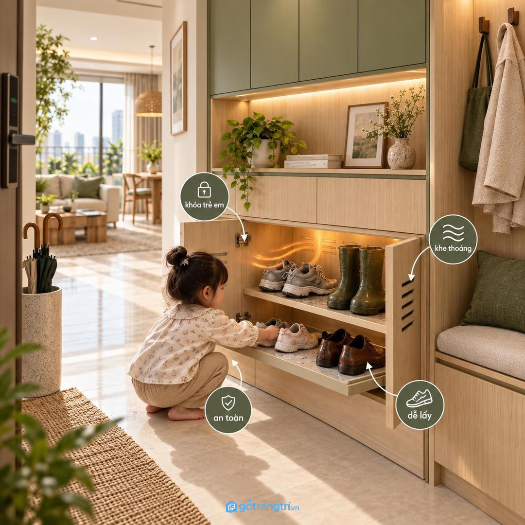 Nhà có trẻ nhỏ cần khoang giày an toàn và dễ lấy