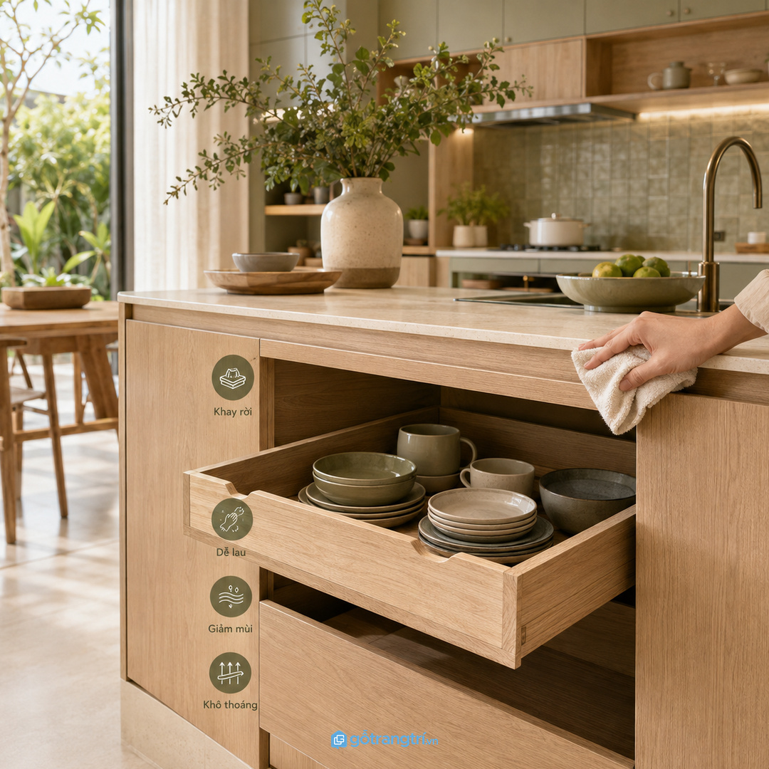 Mặt tủ dễ lau và khay rời giúp bếp ít bám mùi