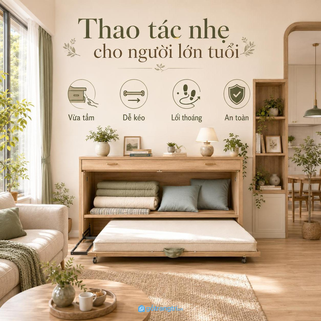 Khoang tủ nệm gấp cần vừa tầm thao tác nhẹ và không chắn lối đi trong nhà nhỏ