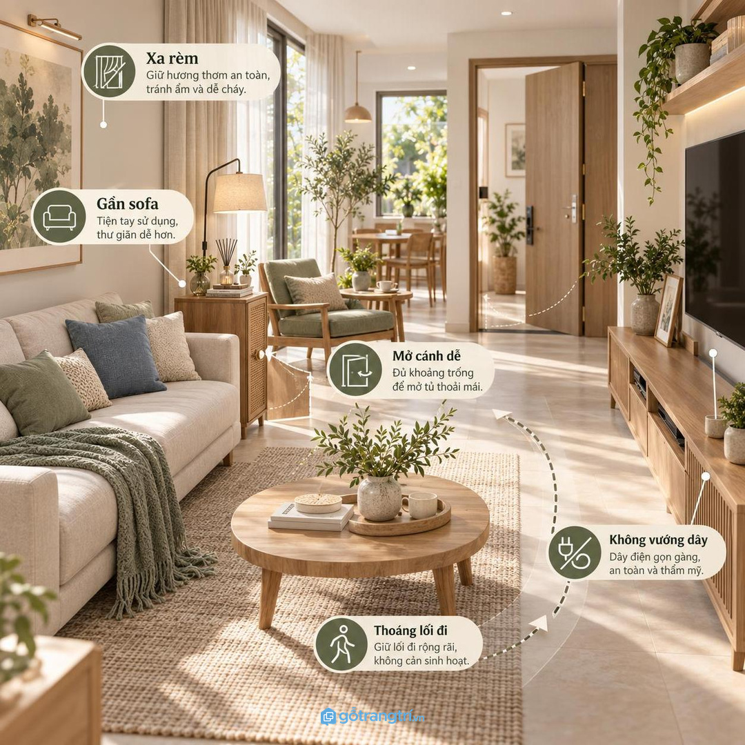 Căn hộ nhỏ hợp tủ mỏng cạnh sofa hoặc kệ tivi để giữ lối đi thoáng