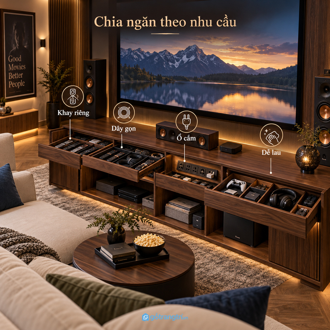 Vật liệu dễ lau và thông gió giúp tủ media dùng bền hơn