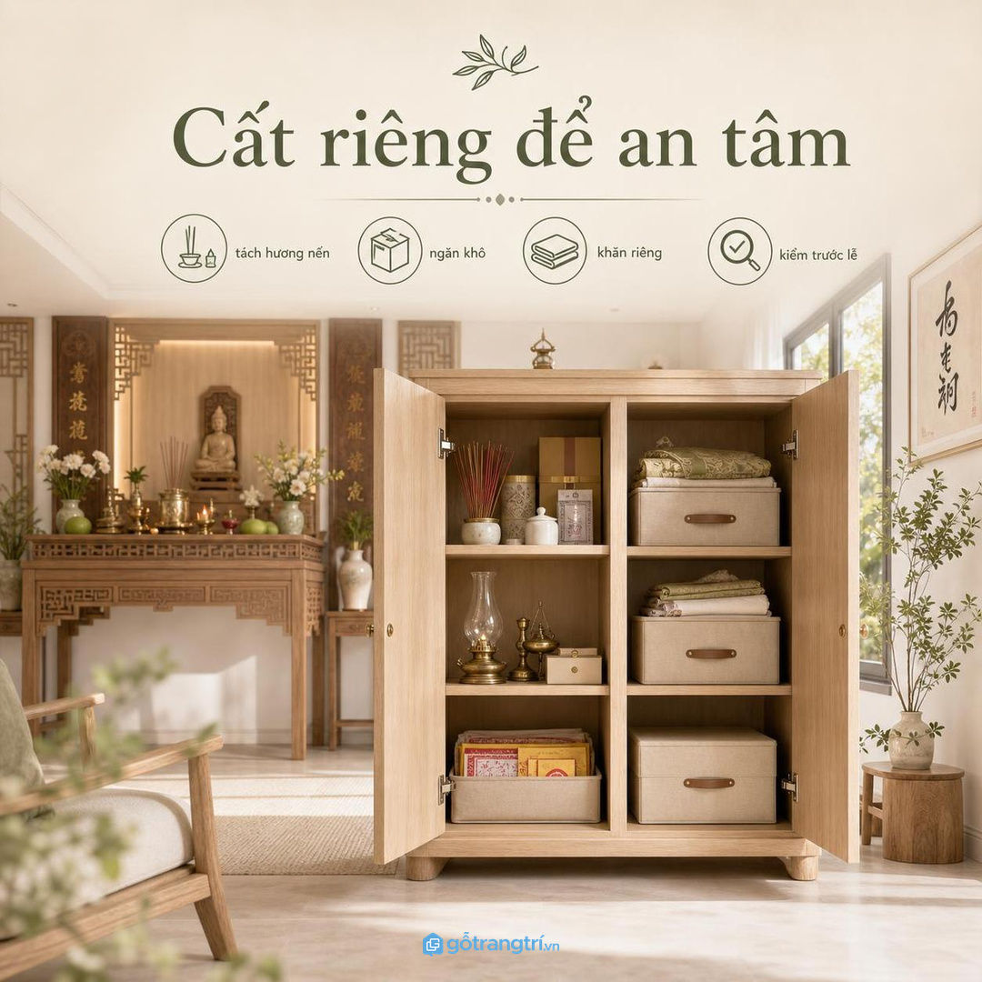 Vật liệu tủ đồ lễ nên trang nhã dễ lau bụi hương và bền trong phòng thờ