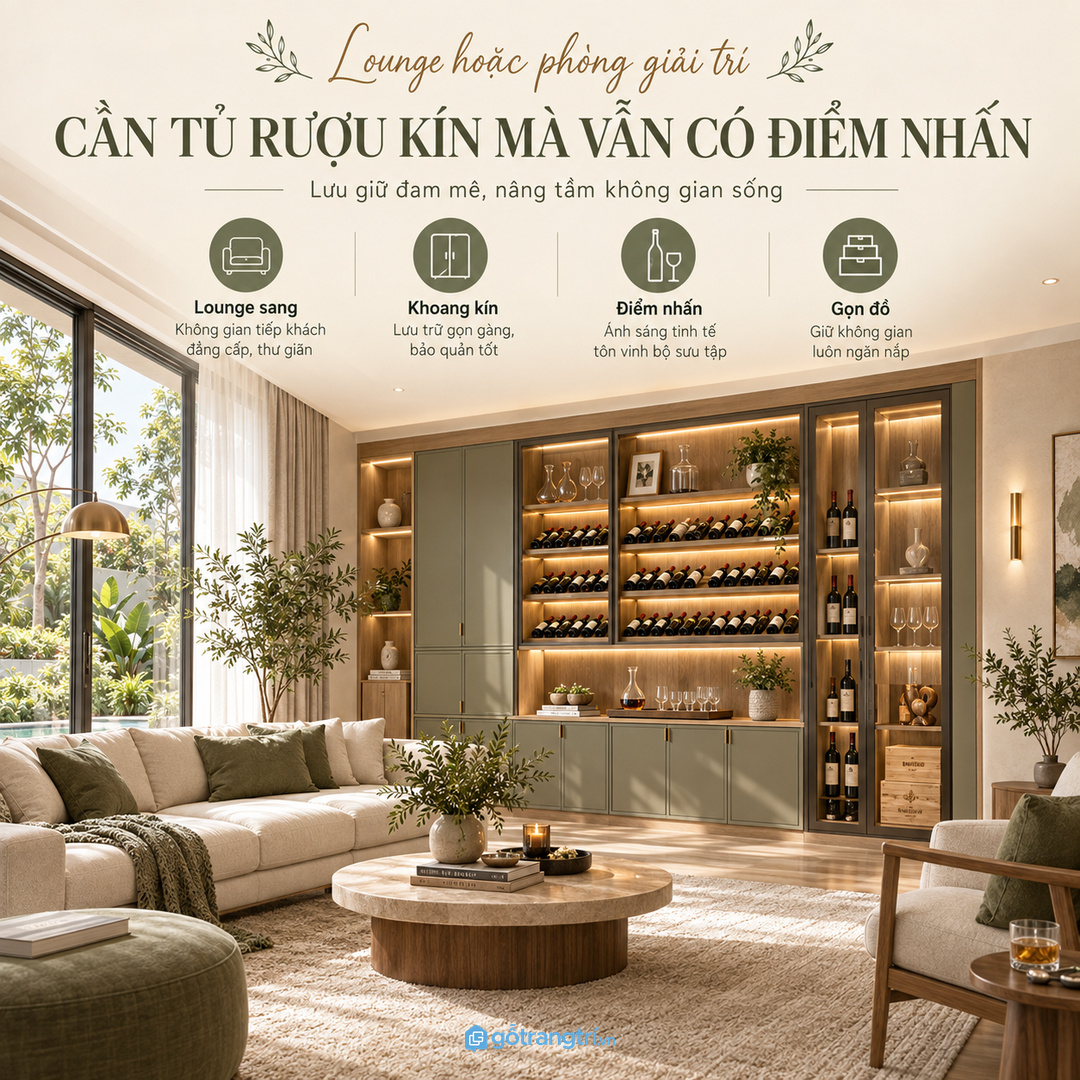 Lounge biệt thự cần tủ rượu kín mà vẫn có điểm nhấn ánh sáng