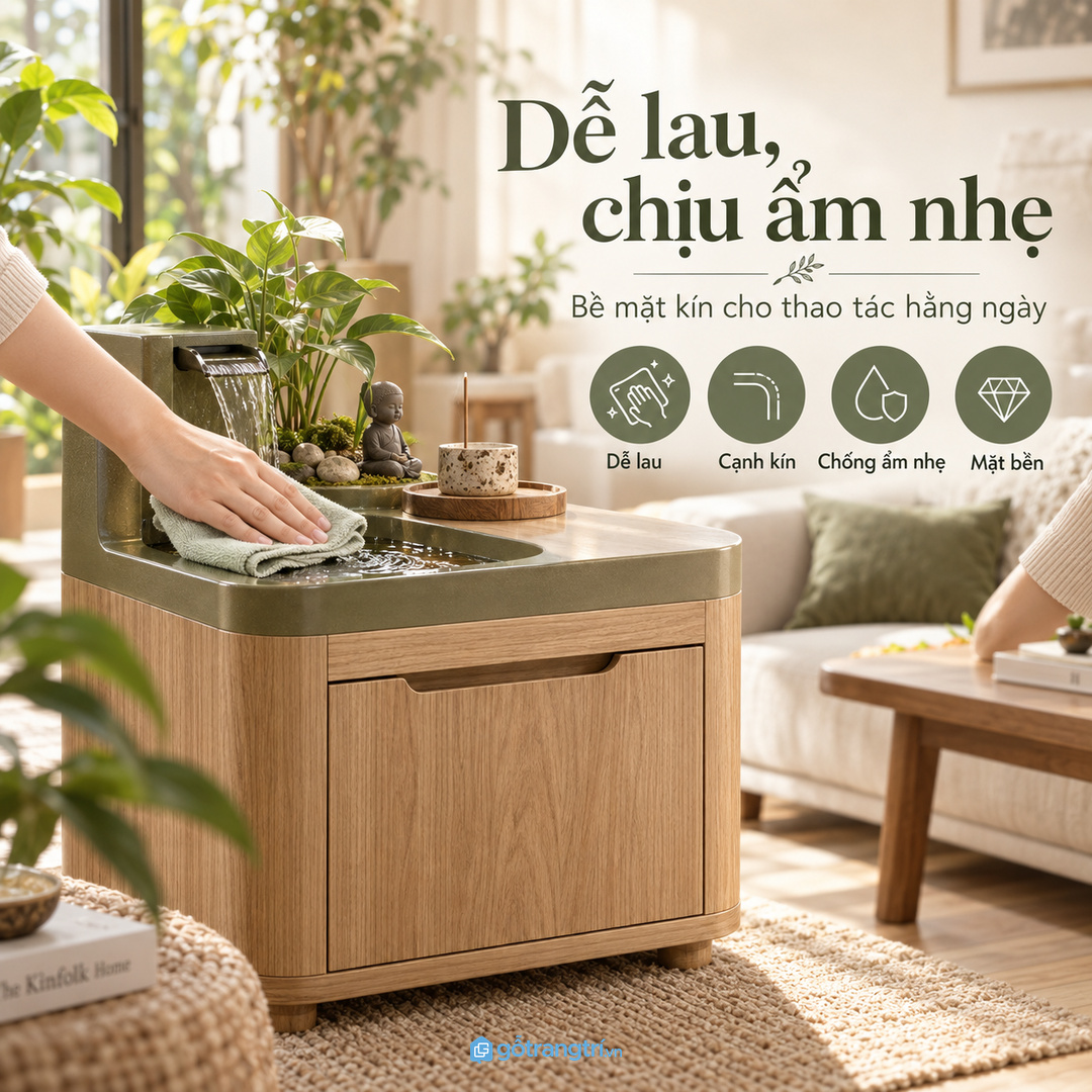 Vật liệu dễ lau và chịu ẩm nhẹ giúp tủ thác nước dùng lâu hơn