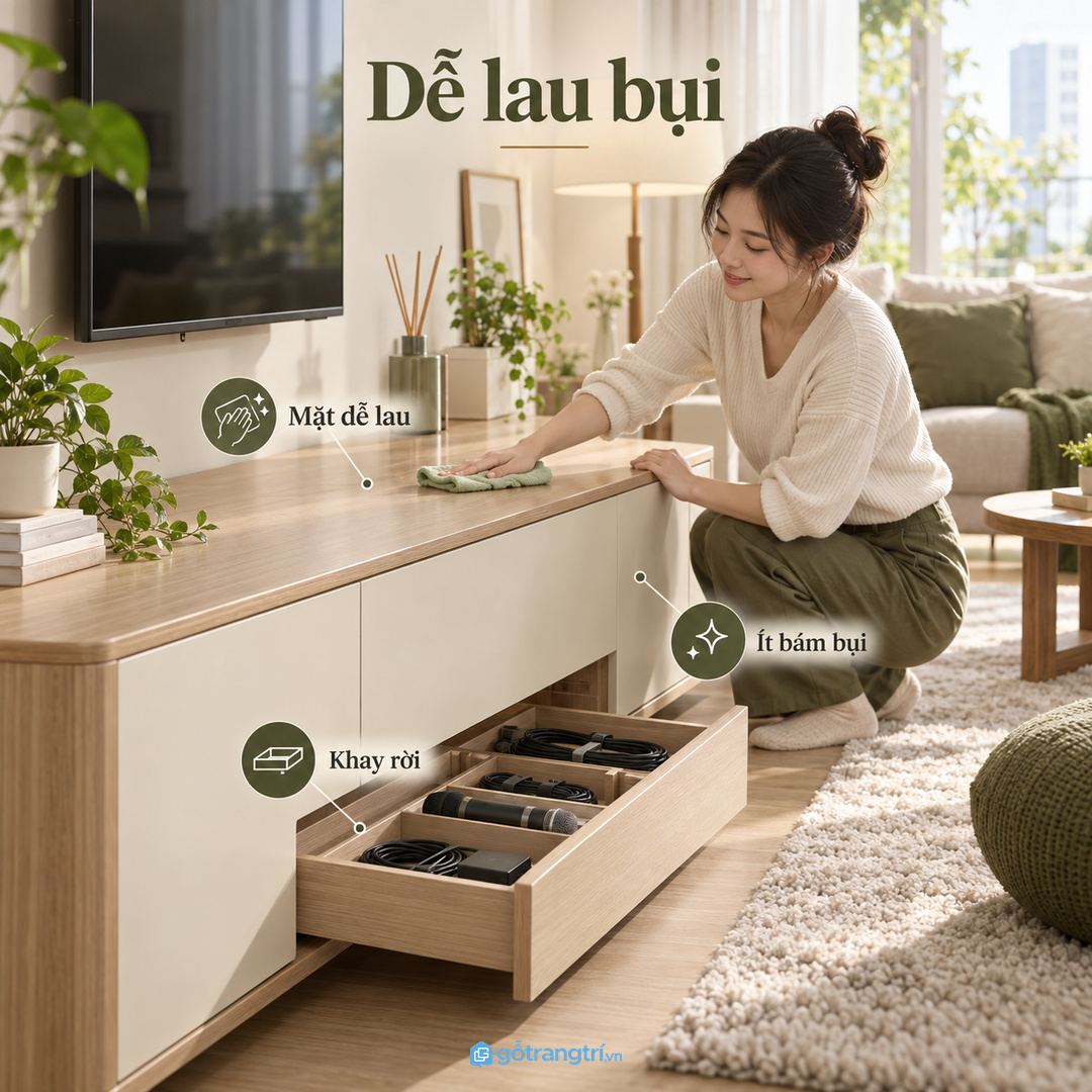 Vật liệu dễ lau và khay rời giúp góc quay sạch bụi hơn