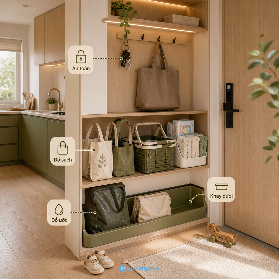 Tủ kín mặt ngoài giúp căn hộ có bếp gần cửa vẫn gọn và đồng bộ
