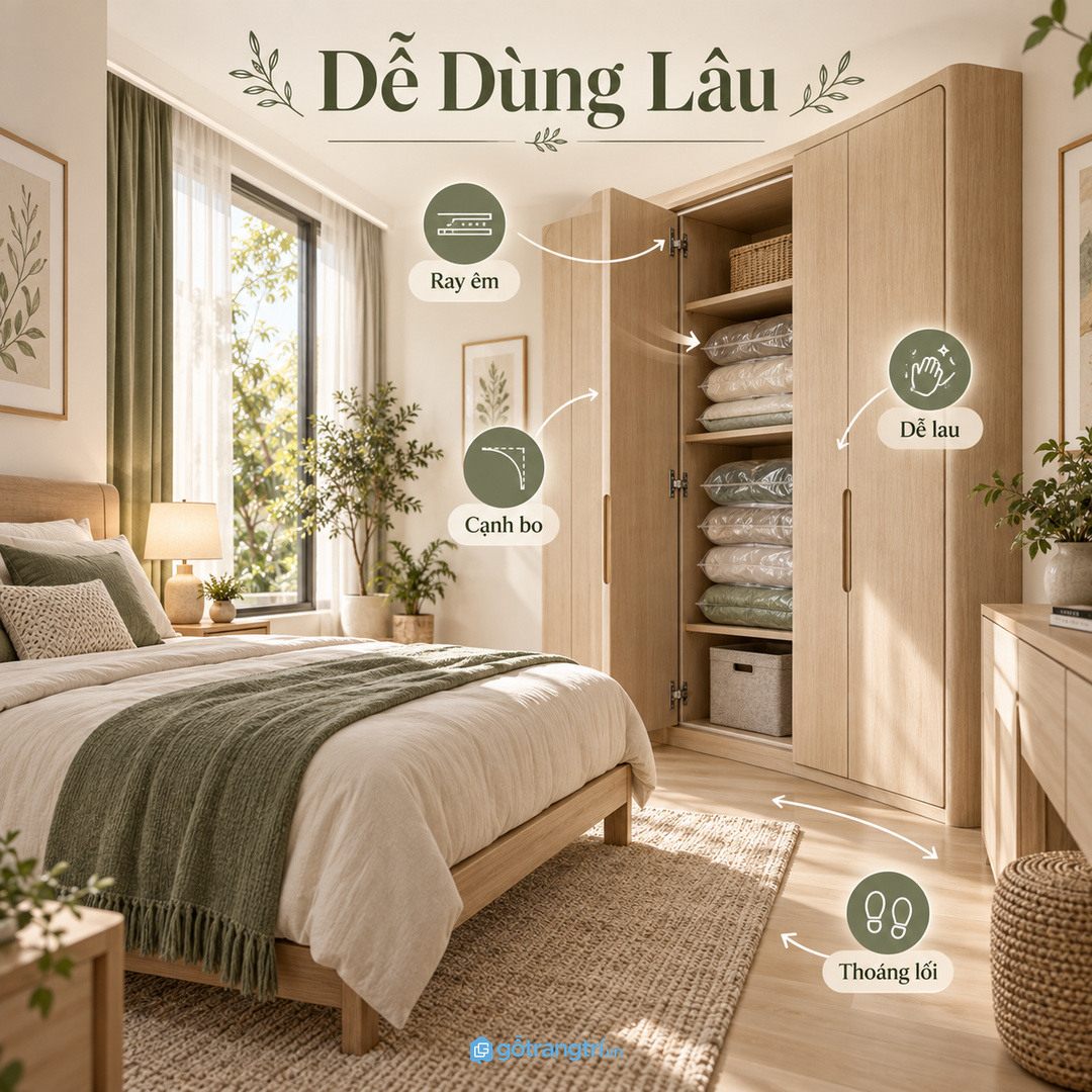 Ray êm cạnh bo và lối đi thoáng giúp tủ dùng bền trong phòng ngủ nhỏ