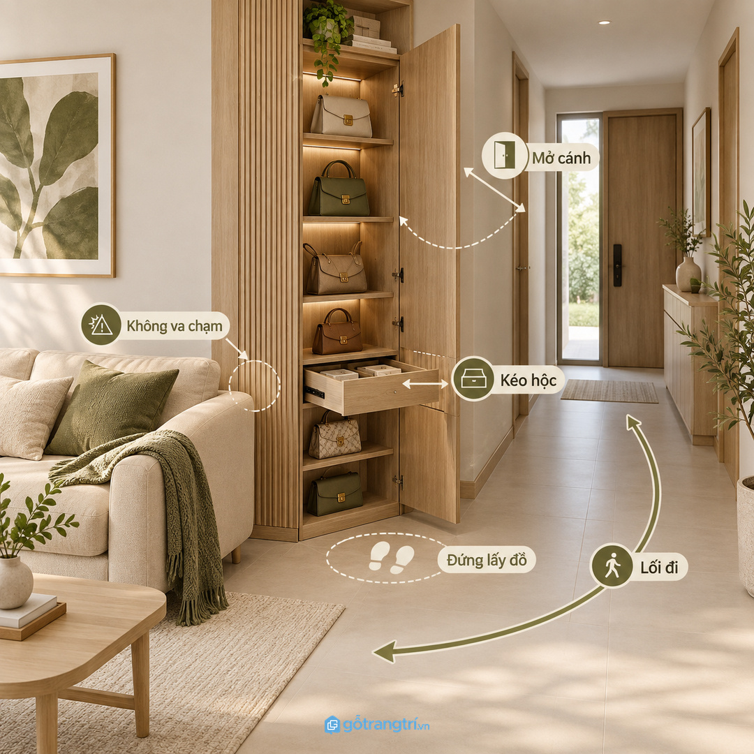 Giữ lối đi hướng mở cánh và khoảng kéo hộc sau khi đặt tủ
