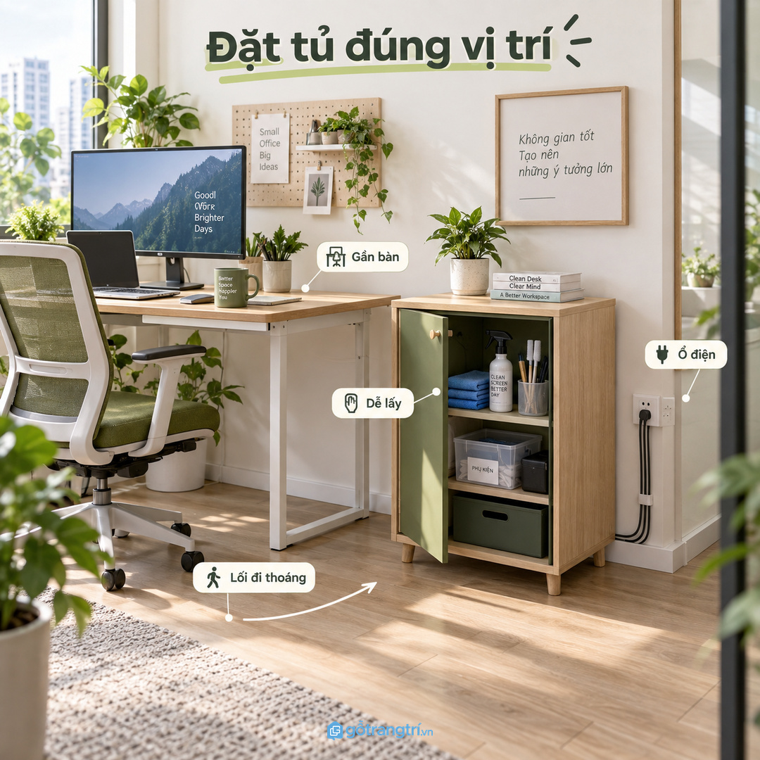 Vị trí tủ cần gần khu làm việc nhưng không cản ghế xoay lối đi ổ điện và dây mạng