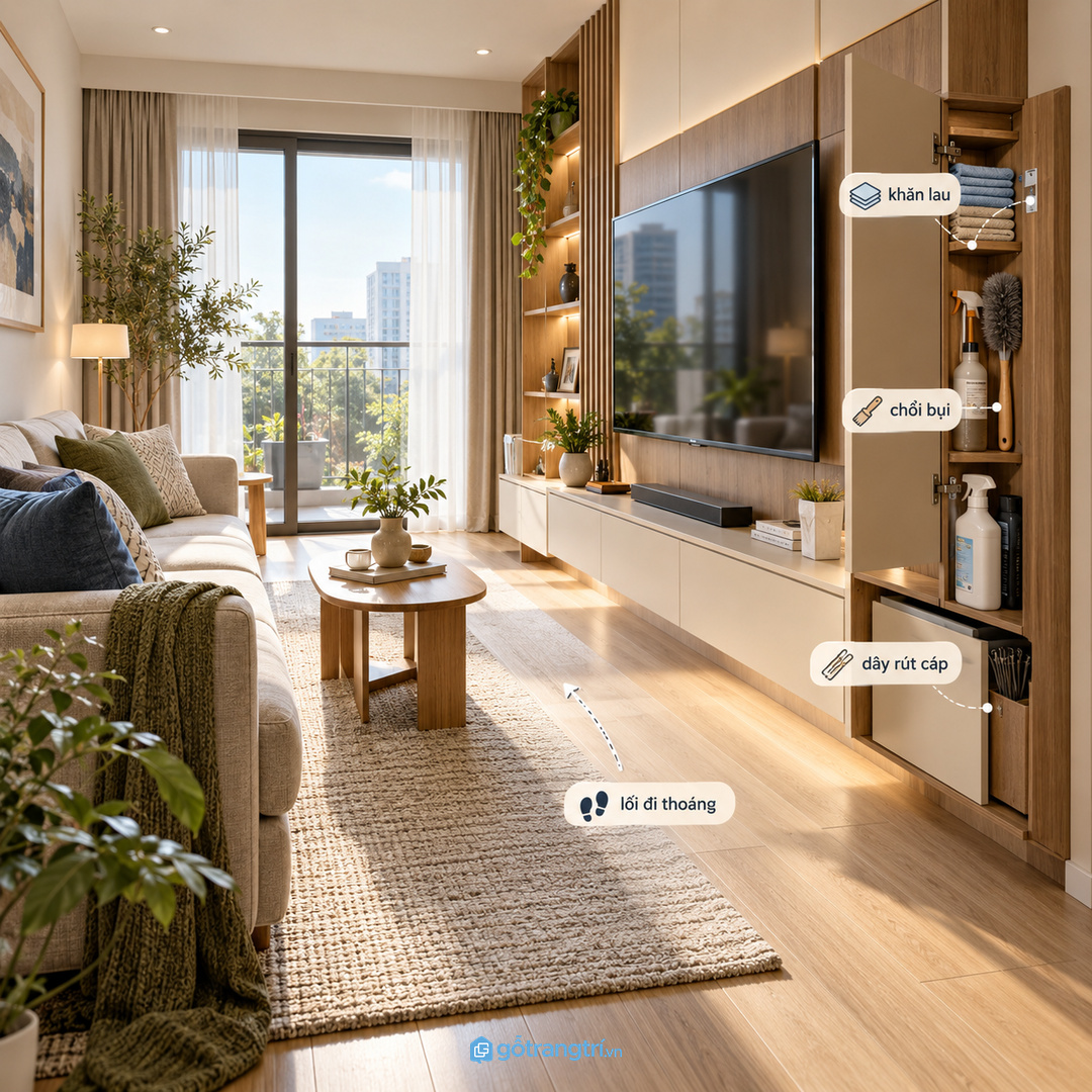 Vị trí khoang vệ sinh nên gần màn hình nhưng không cản dây, loa và thiết bị giải trí