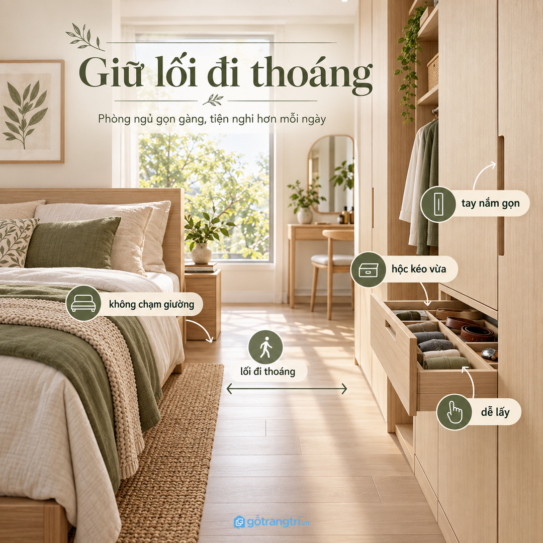 Giữ lối đi quanh giường và tủ áo thật thoáng khi làm hộc phụ kiện