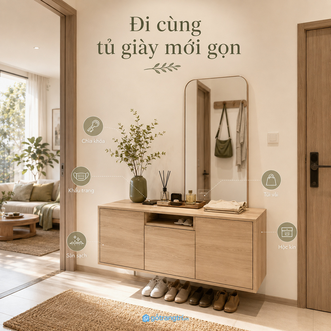 Vách gương nên đi cùng tủ giày để đồ nhỏ có chỗ cất gọn