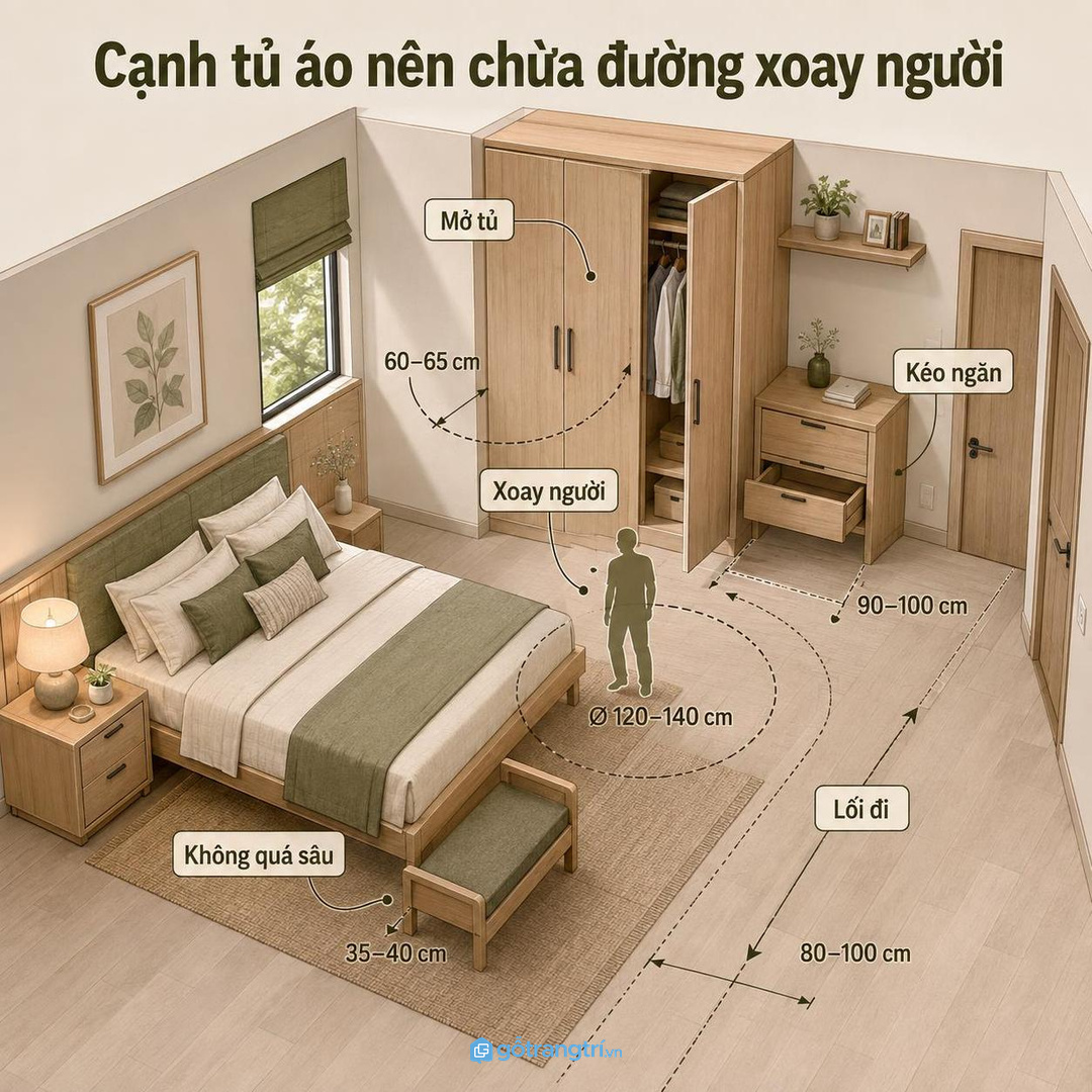 Khu vực gần tủ áo cần chừa khoảng mở tủ, kéo ngăn và xoay người