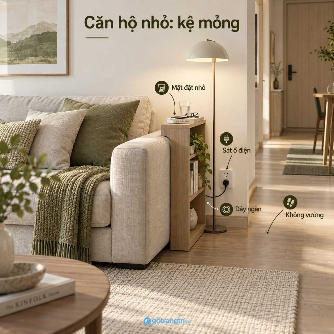 Căn hộ nhỏ hợp kệ mỏng cạnh sofa sát ổ điện