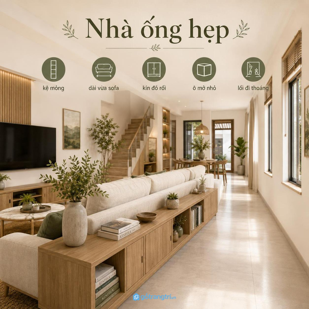 Căn hộ nhỏ hợp kệ mỏng sát lưng sofa để bàn trà được thoáng
