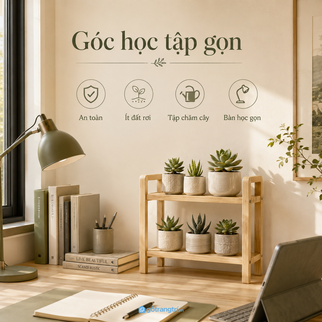 Góc sofa nhỏ hợp kệ cây mỏng bo cạnh và màu dịu