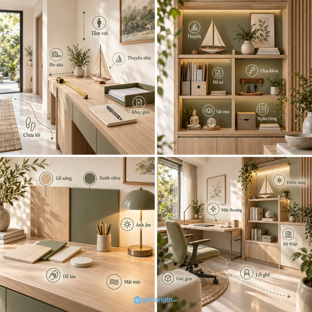 Góc làm việc nhỏ cần kệ mỏng không cản ghế và lối đi