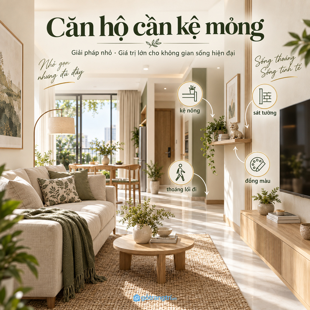 Căn hộ nhỏ hợp kệ mỏng sát tường hoặc kệ treo đồng màu nội thất