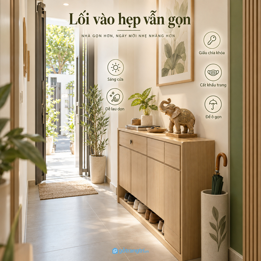 Lối vào hẹp hợp kệ mỏng, không cản cửa và không chắn lối đi