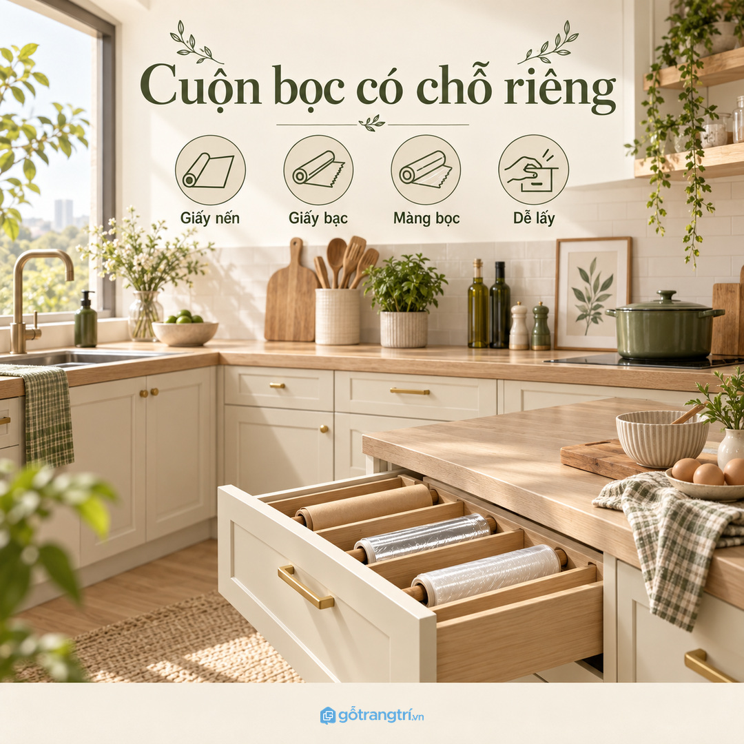 Bếp mở cần mặt ngoài kín để phụ kiện không lộ
