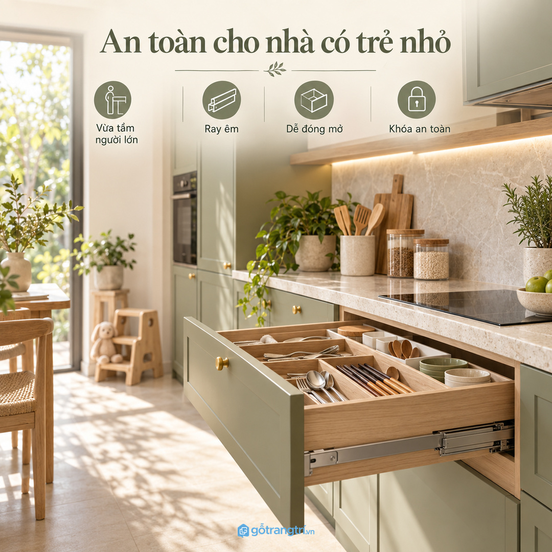 Bếp mở cần mặt ngoài tủ sạch đồng bộ với phòng khách