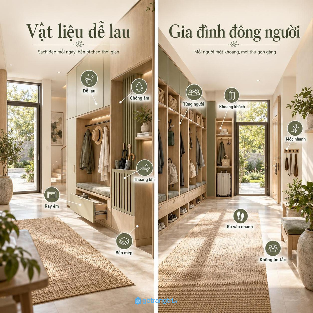 Vật liệu dễ lau, chống ẩm nhẹ và thoáng khí giúp sảnh sạch lâu hơn