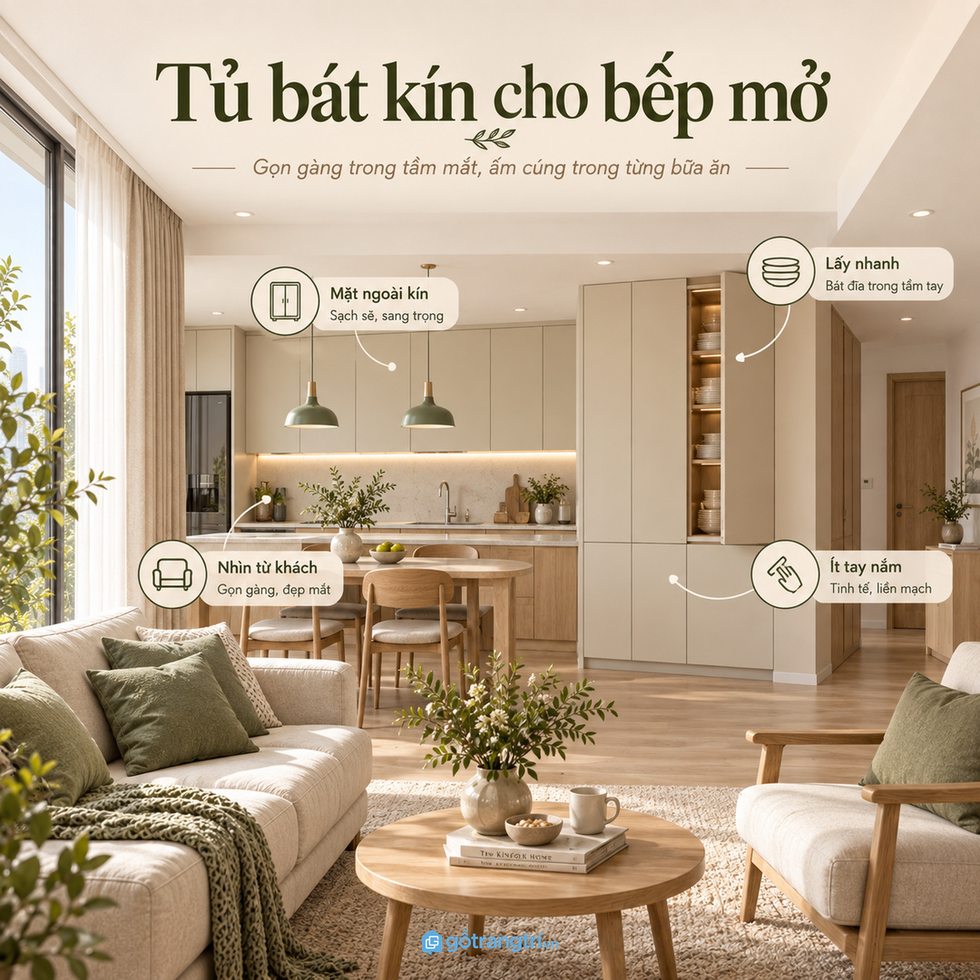 Căn hộ bếp mở cần tủ bát kín mặt ngoài và gọn khi nhìn từ phòng khách