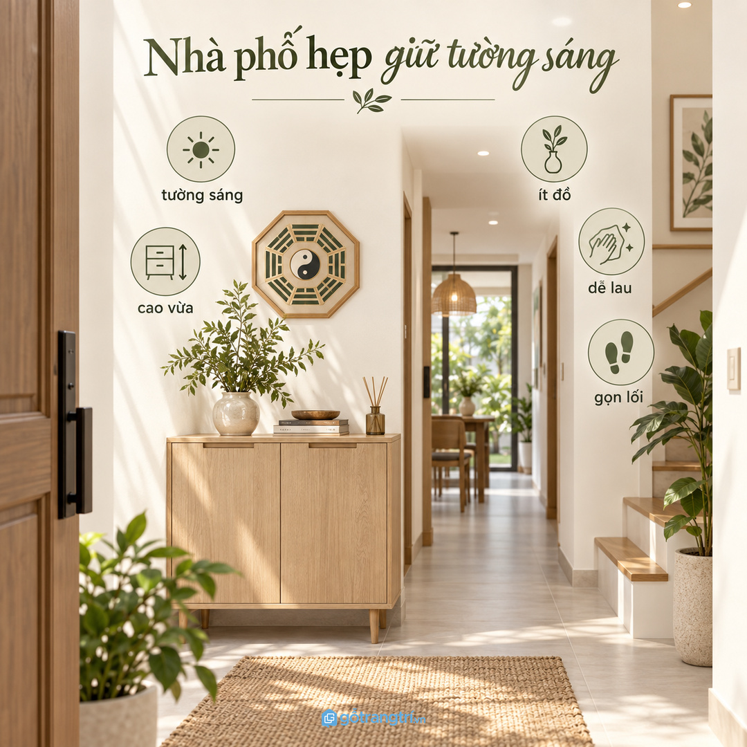 Nhà phố hẹp nên giữ tường sáng cao vừa và ít đồ trưng bày