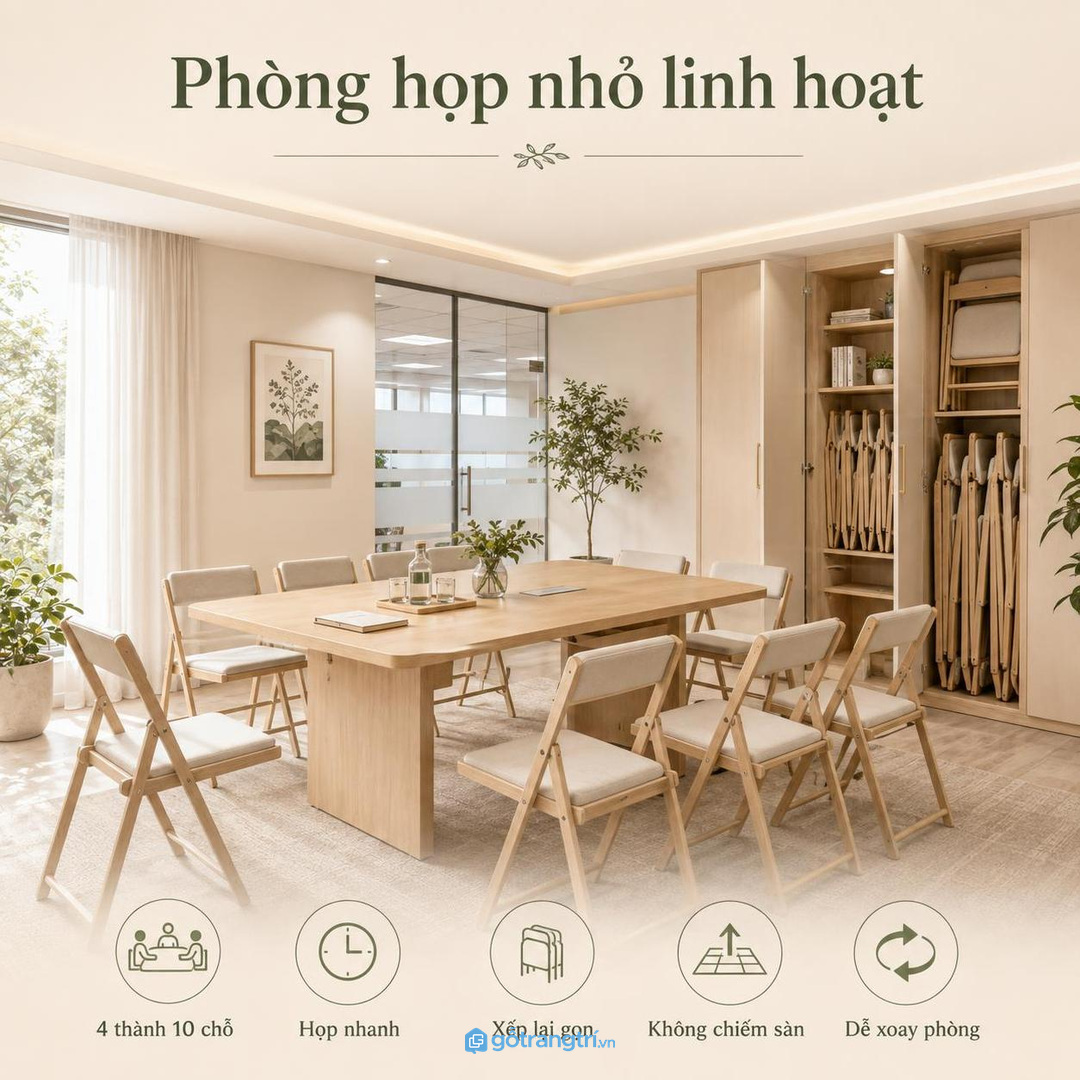 Phòng họp nhỏ linh hoạt hơn khi có ghế gấp dự phòng trong tủ