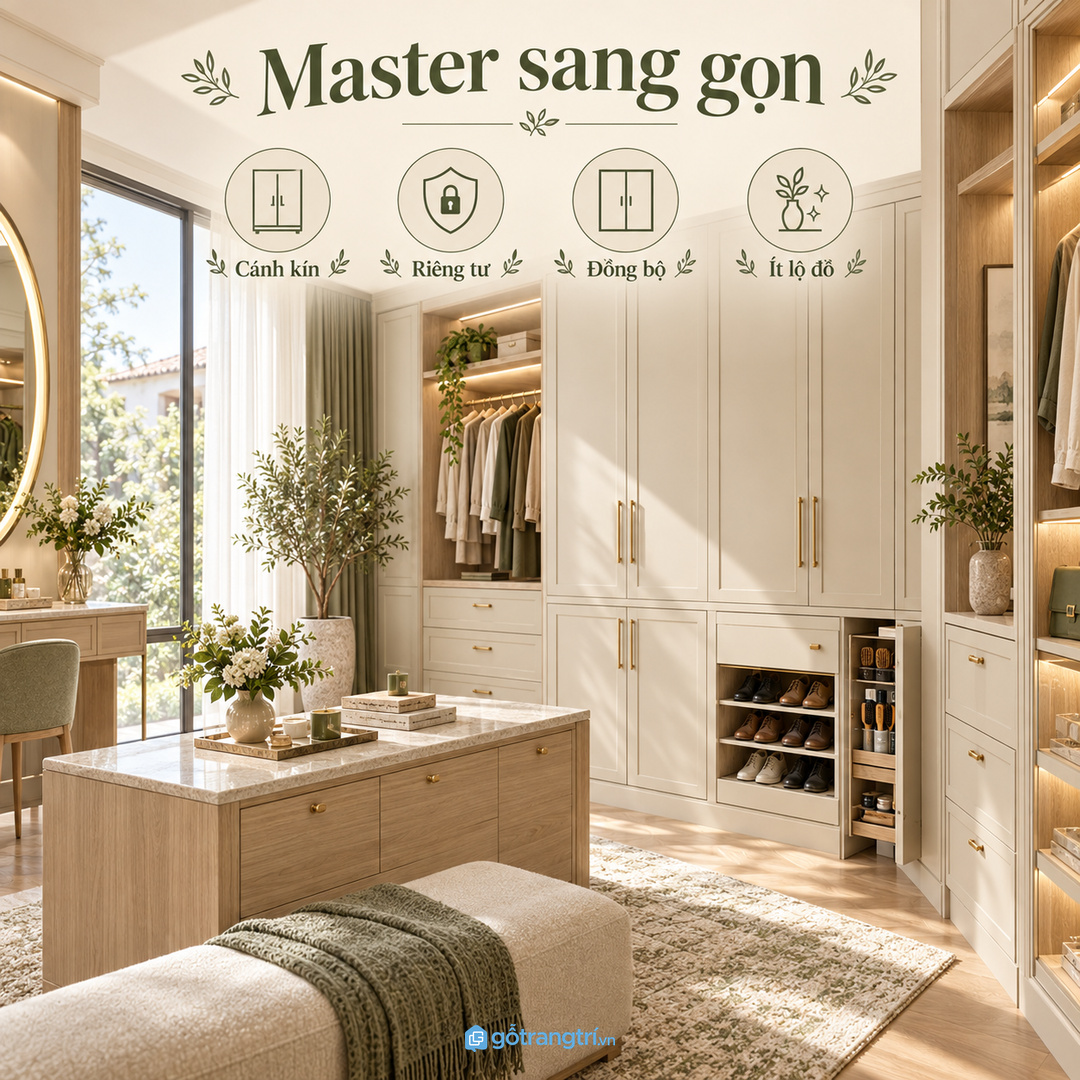 Phòng thay đồ master cần mặt tủ đồng bộ cánh kín và ít lộ đồ chăm sóc giày