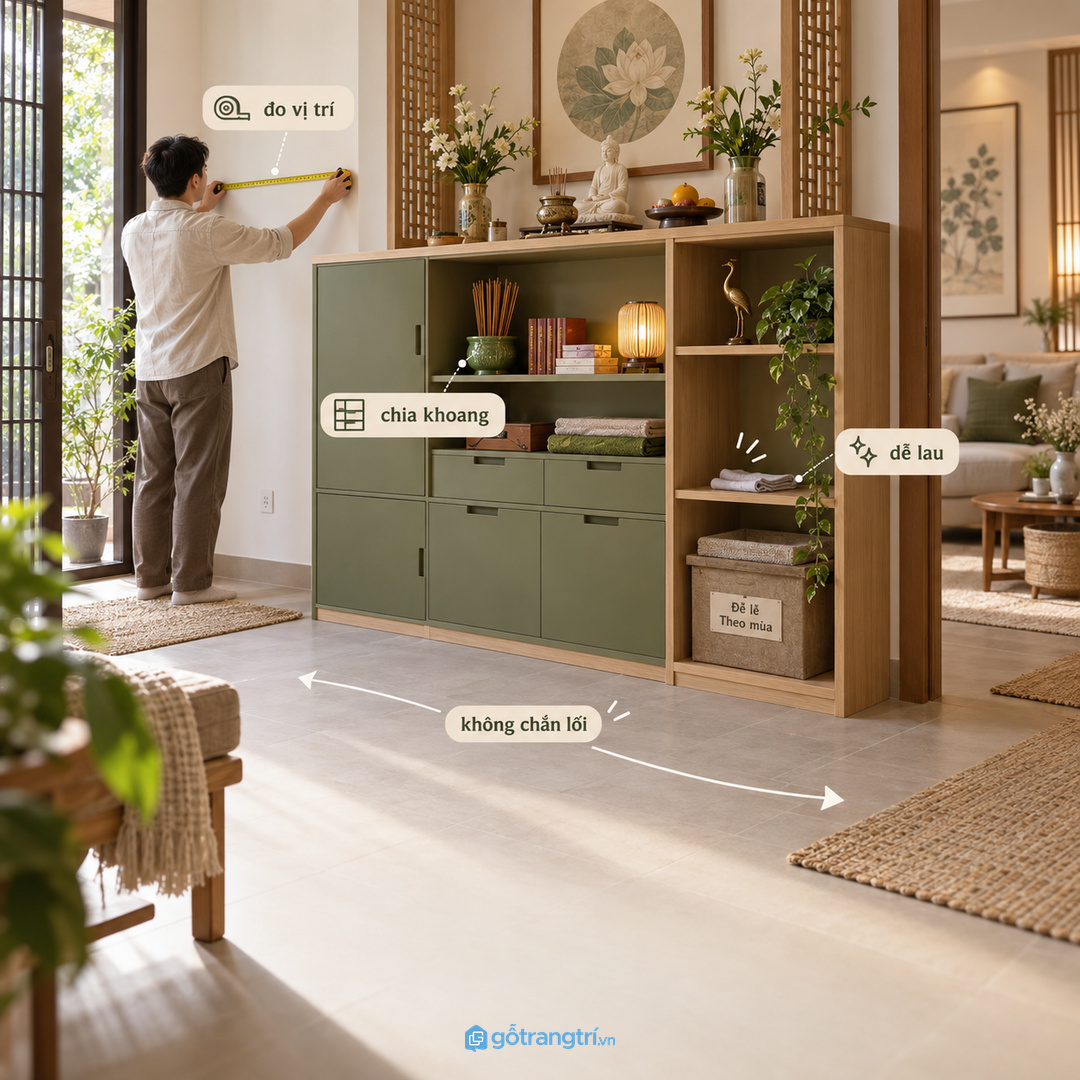 Nhà nhỏ nên dùng tủ mỏng sát tường để không chắn lối đi
