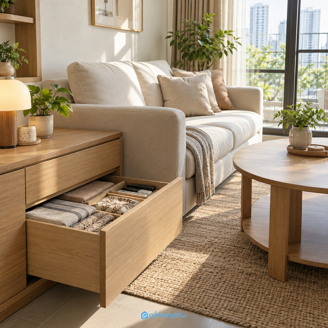 Căn hộ nhỏ hợp tủ nông dưới kệ tivi hoặc module cạnh sofa