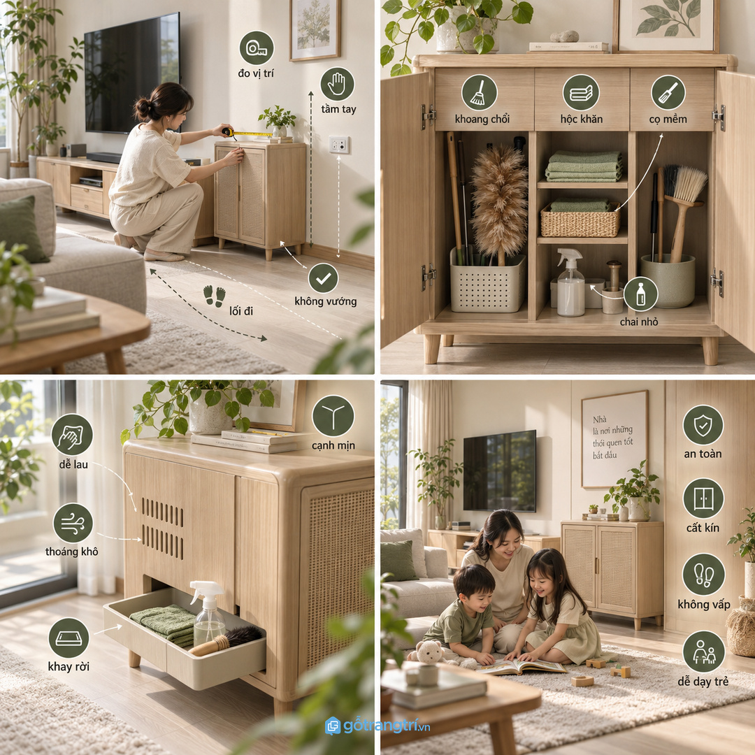 Nhà có trẻ nhỏ cần cất kín cán chổi và chai lau để tránh vấp hoặc nghịch